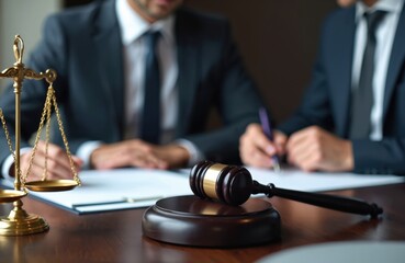 Lawyers discuss contract papers at wooden desk. Gavel scale symbol of justice concept. Businessmen meeting in office, consult client. Legal services advice in courtroom.