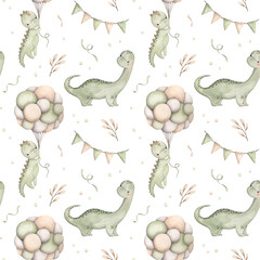 Dinosaurs Birthday Party. Watercolor hand-drawn seamless pattern with little dinosaurs, balloons, flags and confetti.