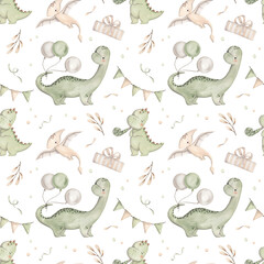 Dinosaurs Birthday Party. Watercolor hand-drawn seamless pattern with little dinosaurs, balloons, flags, gifr and confetti.