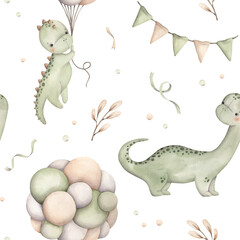 Dinosaurs Birthday Party. Watercolor hand-drawn seamless pattern with little dinosaurs, balloons, flags and confetti.