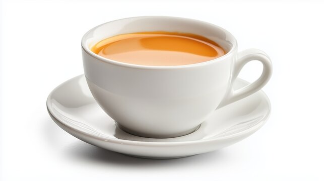 Close-up view of a white ceramic coffee cup filled with hot orange tea resting on a matching saucer against a clean, white background