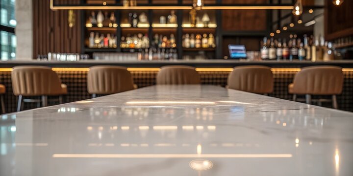  A stylish bar with a glossy marble tabletop in the foreground, featuring warm lighting, elegant seating, and a refined selection of premium liquor bottles.