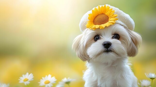 A cute dog wearing a sunflower hat, surrounded by daisies, captures a joyful and cheerful spring atmosphere.