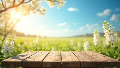 A vibrant wooden table in meadow, surrounded by white blooming flowers under blue sky. Tranquil spring sunshine, greenery, scenic view, natural light on wood texture. Recreation background.