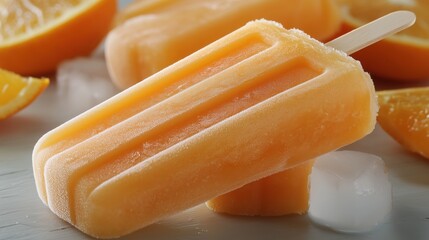 A vibrant orange popsicle on a wooden stick rests on a light surface, complemented by slices of fresh oranges and glistening ice cubes, evoking a refreshing summer treat