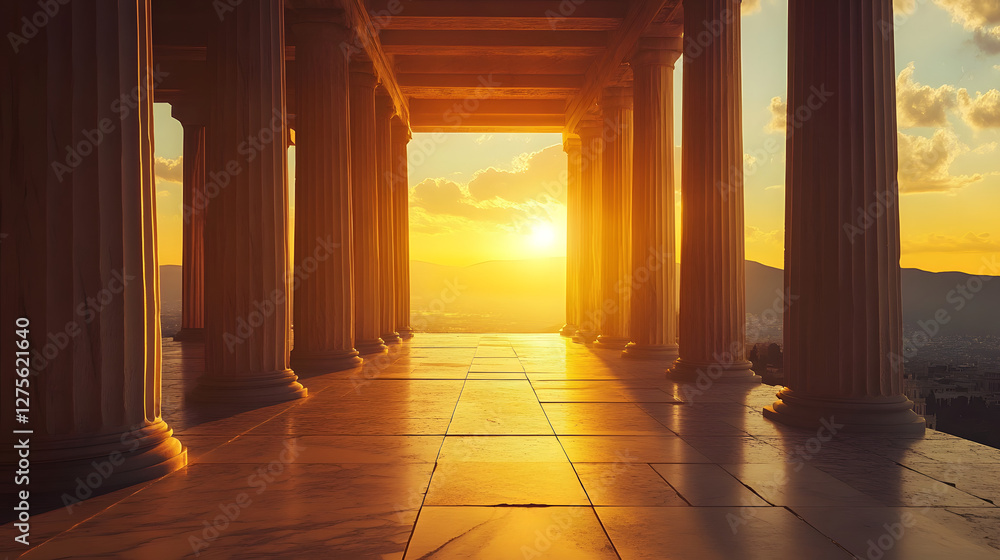 Poster golden sunset filtering through columns, serene architectural space illuminated by warm light, invit