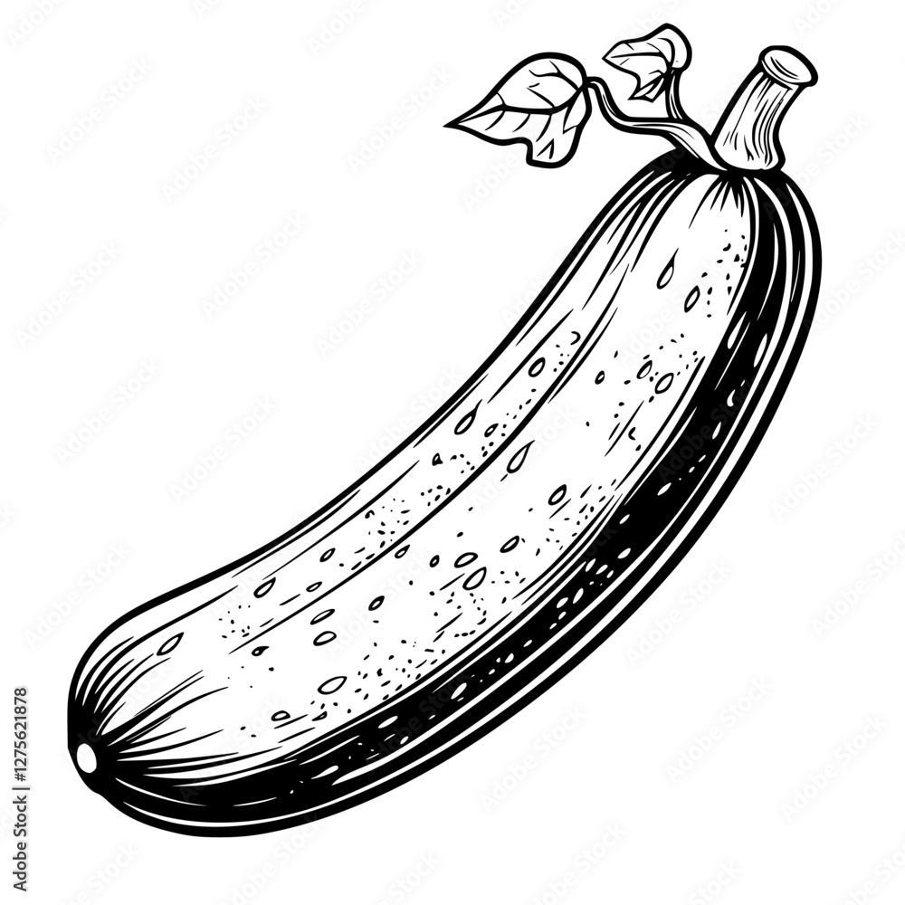 Aufkleber drawing of a detailed cucumber with leaves on a white background showcasing its texture and shape