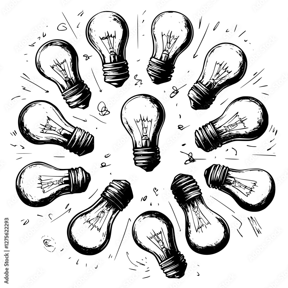 Poster light bulbs arranged in a circular pattern illustrating creativity and inspiration concept in a mini