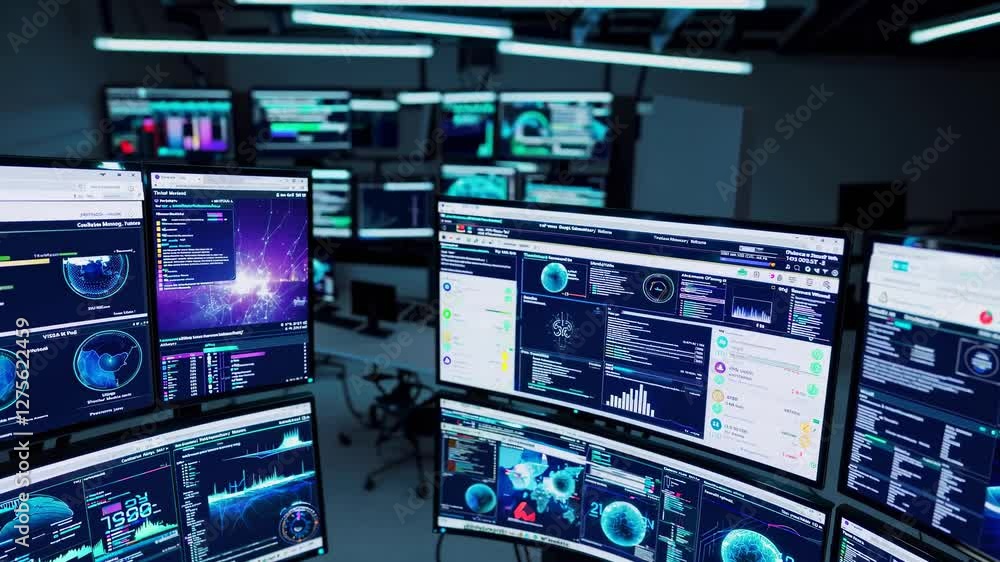 Poster Multiple monitors displaying data analytics in a modern tech workspace on a busy day