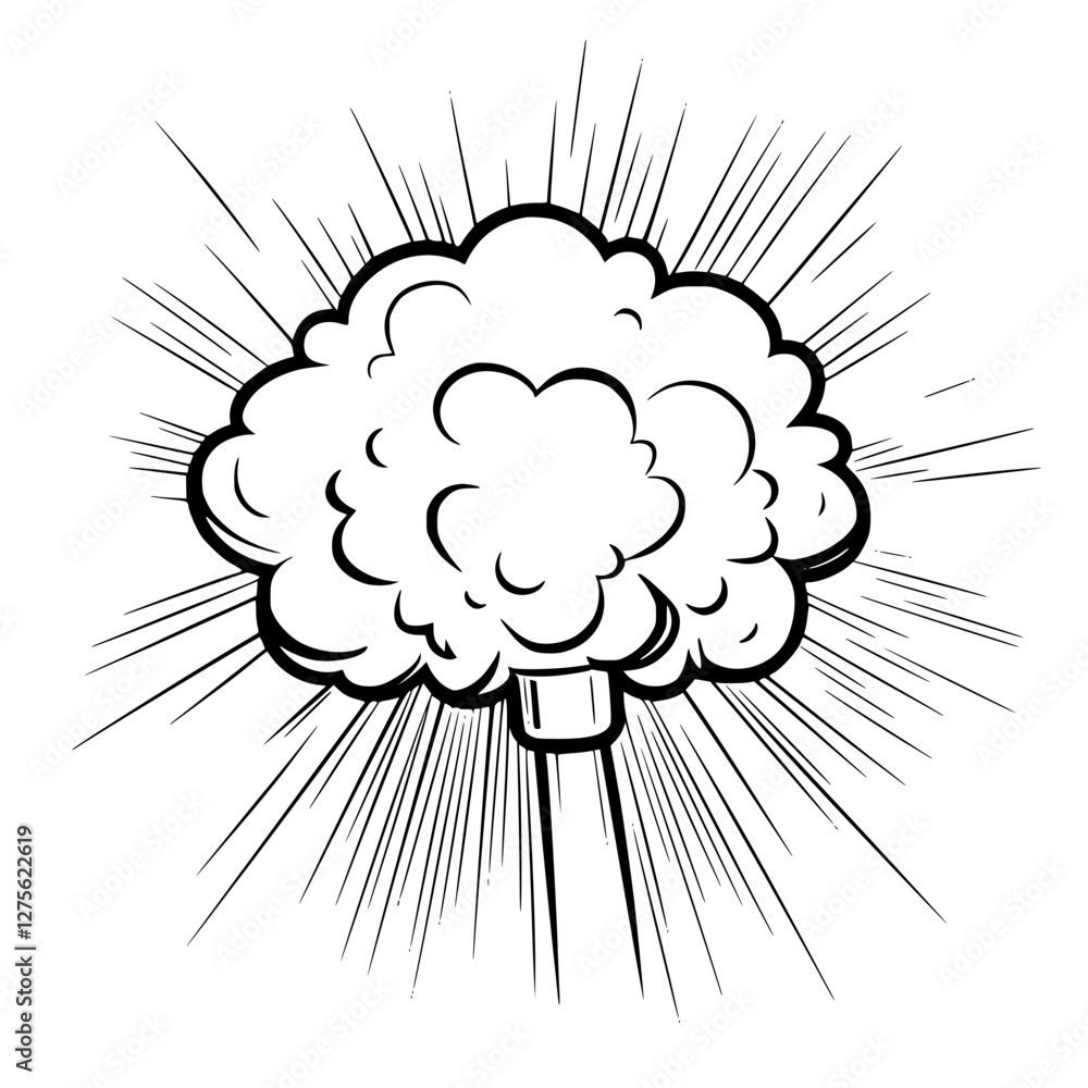Poster cloudy explosion graphic with rays creating a dynamic visual effect in a simple black and white desi