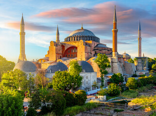 Hagia Sophia Grand Mosque in center of Istanbul at sunset, Turkey