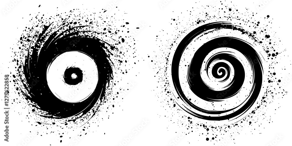 Poster abstract black and white spiral and vortex patterns showcasing dynamic movement and artistic design
