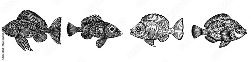 Poster decorative fish illustrations in varying styles showcasing intricate patterns and details