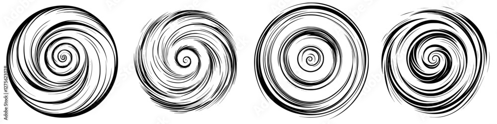 Poster spiral patterns created with black ink on a white background showing different designs of rotational
