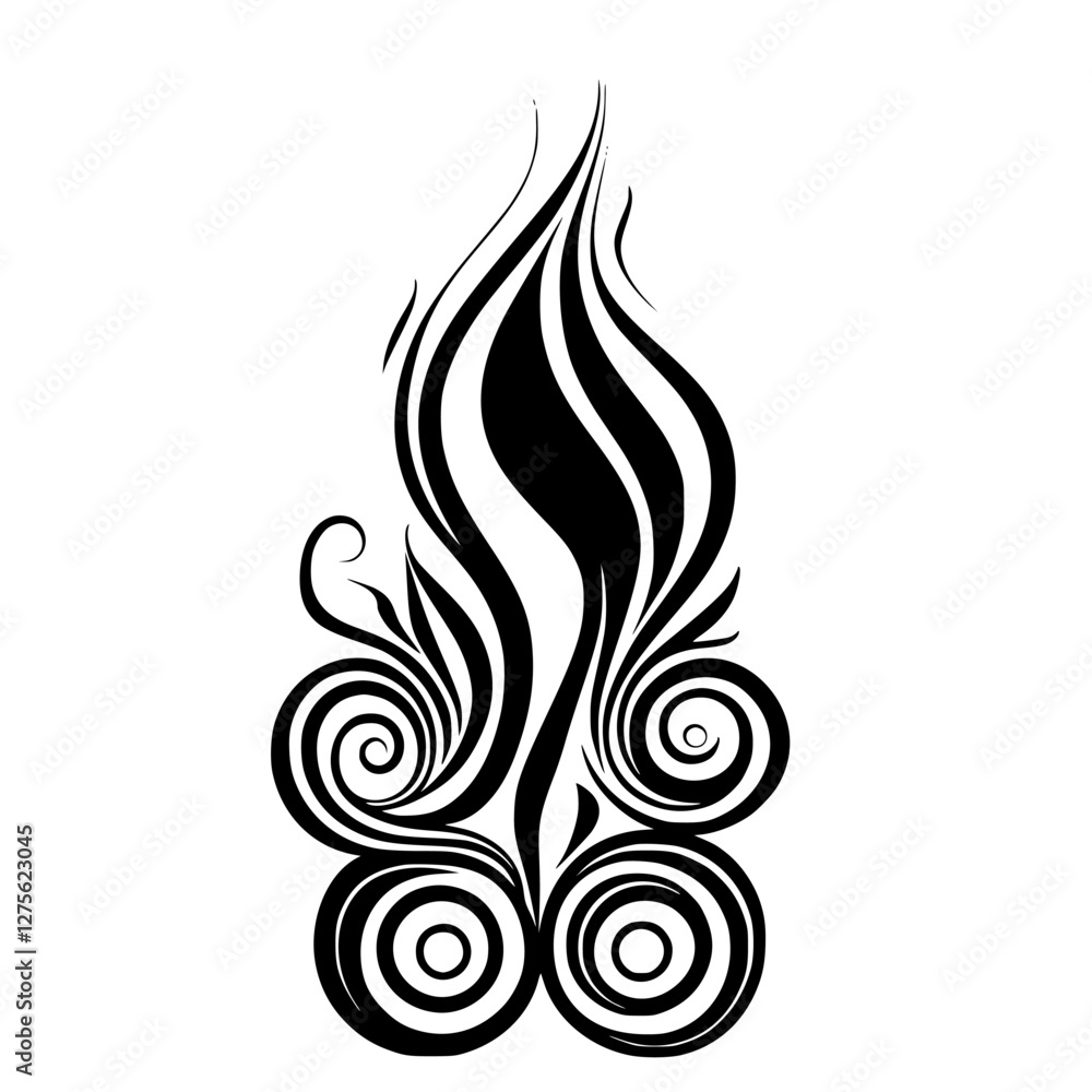 Poster abstract black and white design featuring swirling patterns and flame-like shapes on a plain backgro