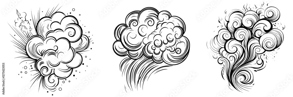 Aufkleber artistic representations of clouds and smoke patterns in black and white illustrating dynamic moveme