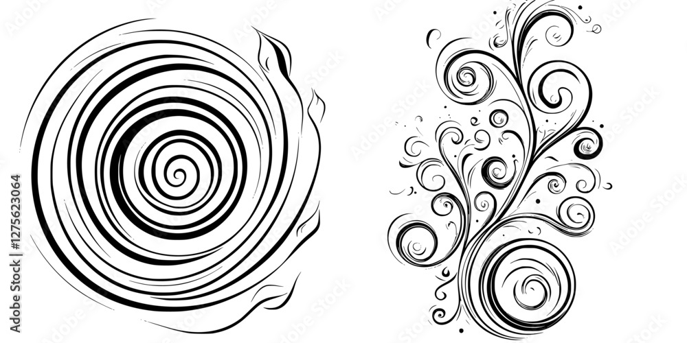 Aufkleber circular and leafy abstract designs featuring swirling patterns created with black lines on a white 