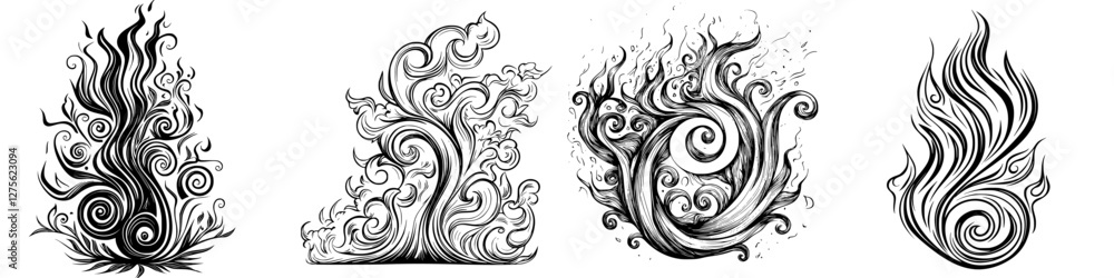 Poster abstract designs featuring swirling flame patterns with intricate details and unique styling