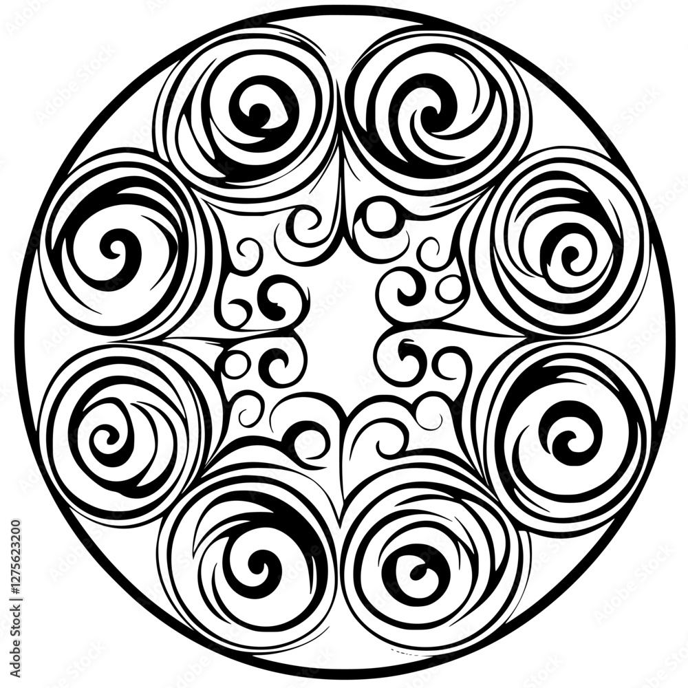 Poster intricate circular design with swirling patterns and elegant curves representing harmony and balance