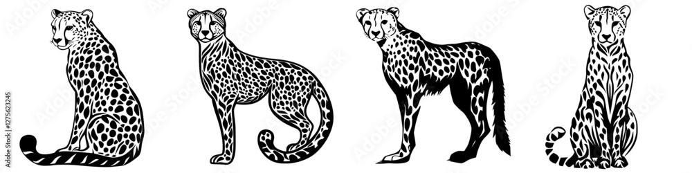 Poster distinctive illustrations of leopards showcasing elegant postures and unique patterns in intricate b