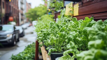 Fresh Lettuce Plants Growing in Urban Street Garden during Rain