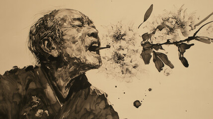 powerful ink illustration of elderly man with flowers