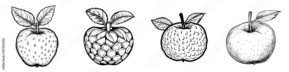 Poster different varieties of apples illustrated with unique styles and textures in black and white