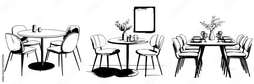 Poster minimalist dining room setup featuring round and rectangular tables with elegant chairs and floral c