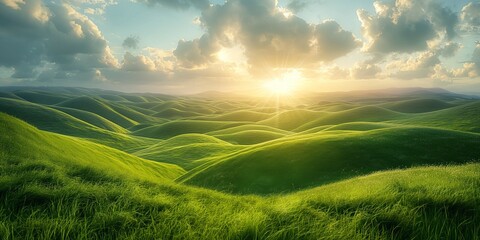 Obraz premium Breathtaking panorama of lush green hills under a vibrant sunrise.