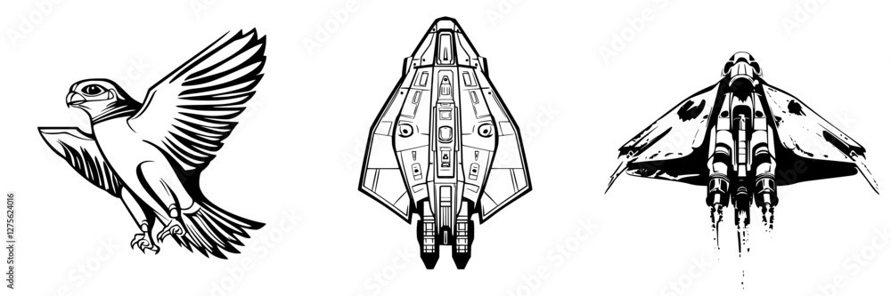 Poster dynamic designs of a bird and advanced spacecraft in a minimalist, monochrome style