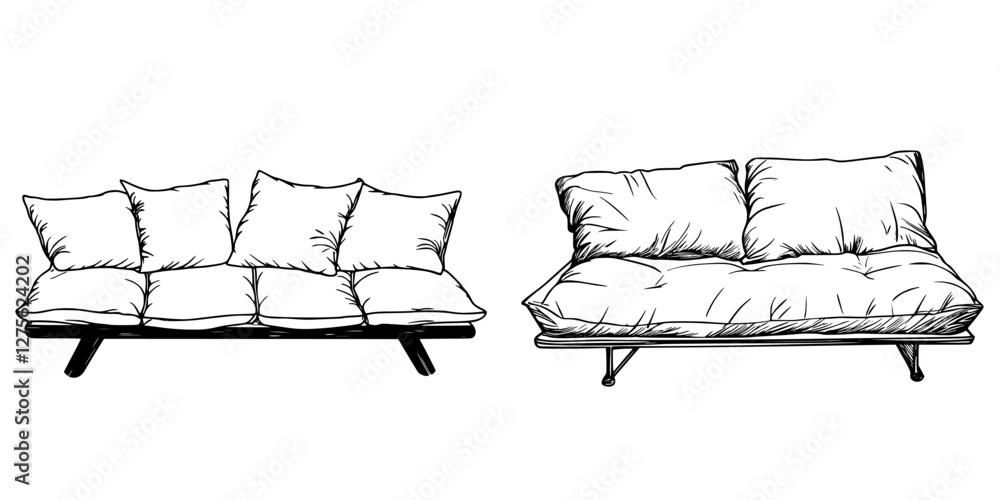 Poster sofas in minimalist design showing different styles and cushion arrangements viewed from a side pers