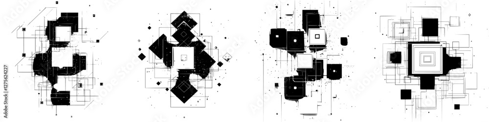 Poster abstract black and white geometric designs display intricate patterns and shapes with contrasting el