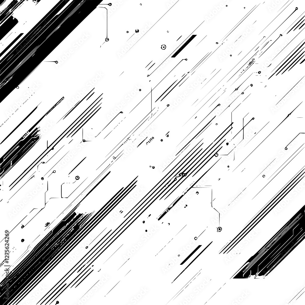 Poster abstract black and white background depicting digital circuit lines and patterns in a dynamic design