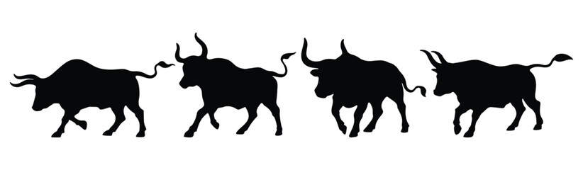 Bull on white background. Collection of bull silhouettes in various forms. Side view and full body for design. Vector illustration.