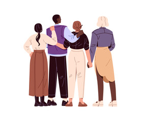 Interracial group stands, support back view. Happy friends hug, hold hands together behind. Diverse people embrace, cuddle. International friendship concept. Flat isolated vector illustration on white