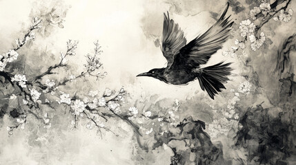 Fototapeta premium bird flying among cherry blossoms in artistic style
