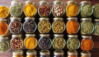 Collection of Glass Jars Filled with Dried Herbal Ingredients