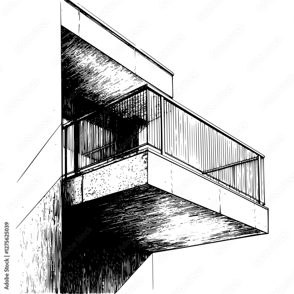 Poster modern architecture showcases a unique cantilevered balcony design with sleek lines in minimalist st