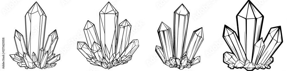 Poster various crystal formations displayed with intricate details and sharp edges on a white background