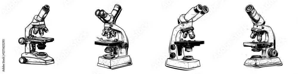 Poster various angles of a classic microscope showcasing its detailed functionalities and design elements i
