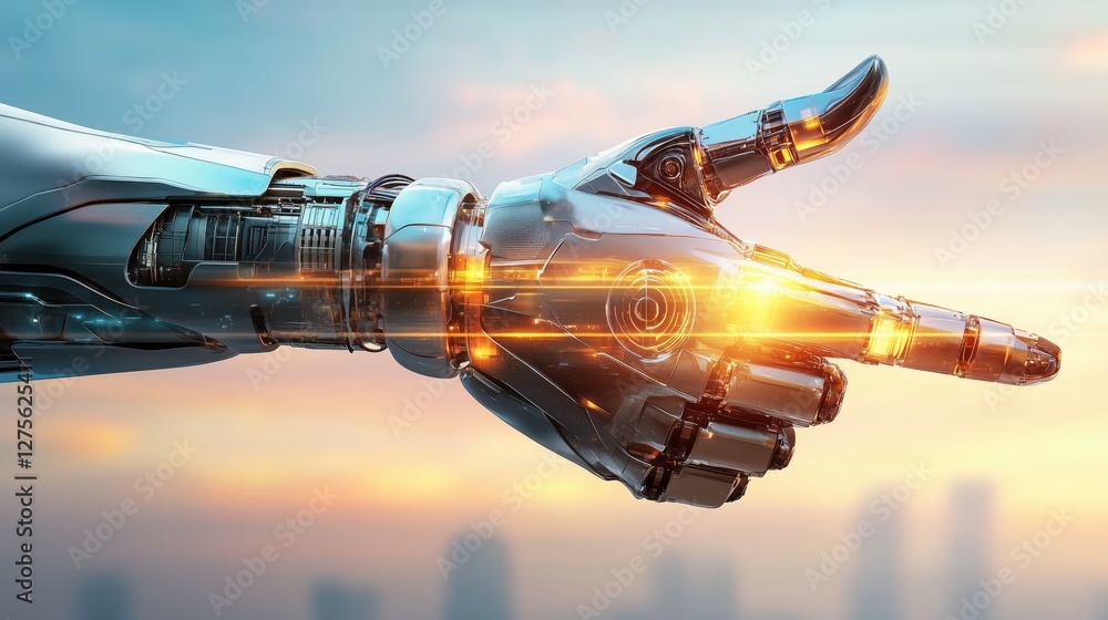 Poster modern robot hand displaying advanced technology features against a city skyline