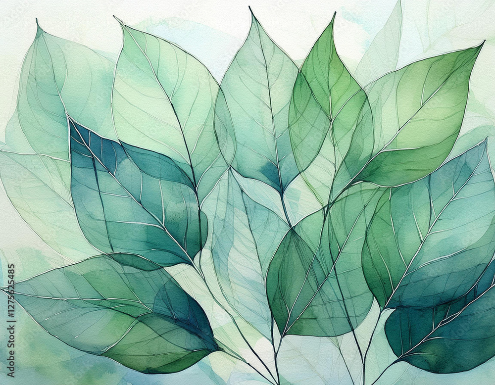 Poster Overlapping translucent green leaves on a light background create a soft, calming, and natural image. The varying shades of green add depth to the botanical composition.