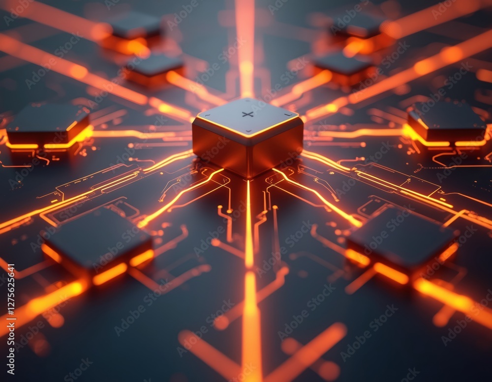 Poster Central server interconnected to network nodes. Data transfer by glowing orange lines. System infrastructure hub online global web computing information.