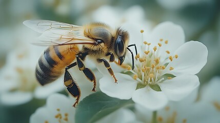 Honeybee on flower, spring garden, pollination in progress