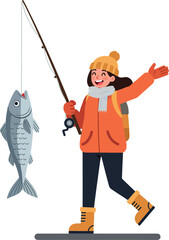 Happy woman in orange jacket and yellow beanie joyfully holding fish while fishing in a flat style vector illustration
