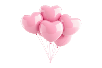 A cluster of shiny pink heart-shaped balloons floating against white transparent background, symbolizing love and celebration of Valentine Day