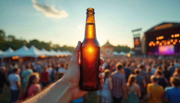 Person holds cold beer bottle in hand at outdoor concert. Crowd cheers music event at summer festival, drinks. Refreshment in sunlight. Party, holiday mood, success.