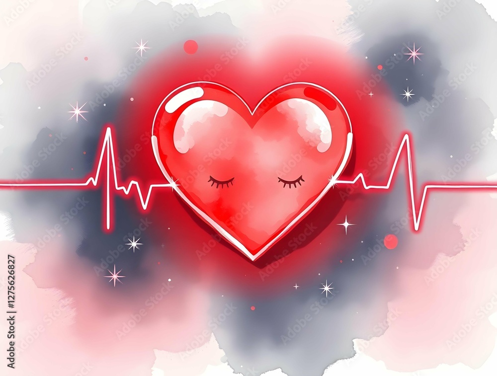 Poster a stylized red heart with a subtle pattern and closed eyes, resting at the center of a softly textur