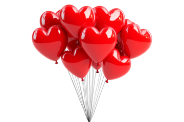 A cluster of shiny red heart-shaped balloons floating against white transparent background, symbolizing love and celebration of Valentine Day