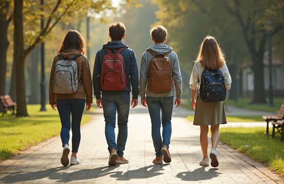 Back view students with backpacks walking to college class. Friends go to high school in Ukraine. Teens walk together in park. Lifestyle of study and education.